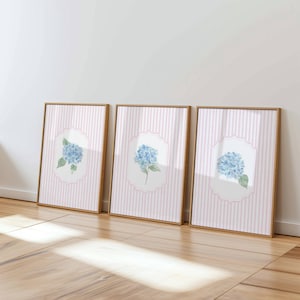 Pink and Blue Hydrangea Print Set of 3 – Floral Wall Art, Cottagecore Digital Download, Botanical Watercolor Art for Bedroom or Bathroom