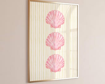 Pink Seashell & Yellow Stripe Wall Art | Coastal Printable Print | Cute Summer Dorm Decor | Pastel Beach Aesthetic Digital Download