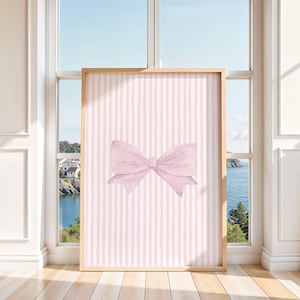 Pink Striped Bow Wall Art Printable | Coquette Aesthetic Digital Download | Girly Dorm Room Decor | Cute Feminine Bow Print