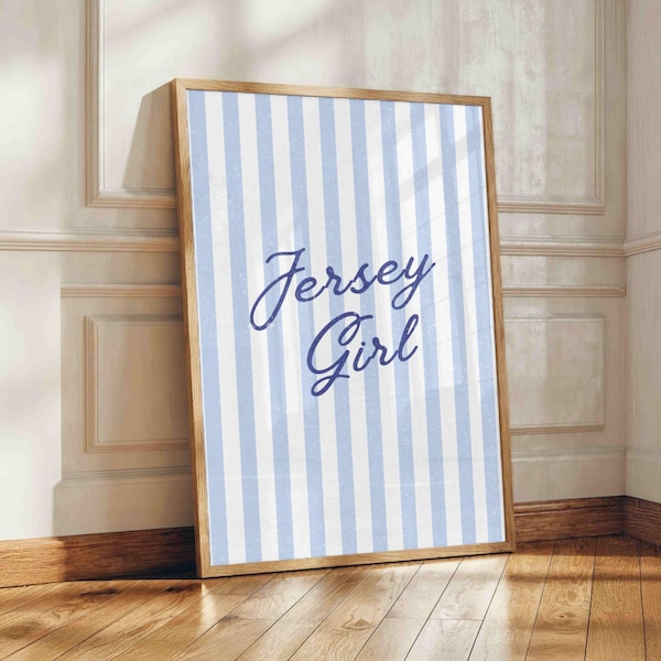 Blue Striped Jersey Girl Wall Art Print Coastal Preppy Feminine Dorm Bedroom Decor Download