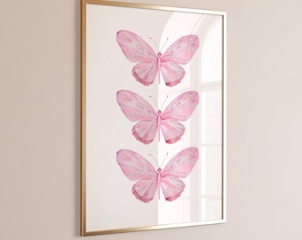 Pink Butterfly Watercolor Print | Cute Preppy Girly Dorm Wall Art | Aesthetic Insect Decor | Feminine Digital Download | Boho Printable Art