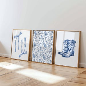 Blue Floral, Bow, and Cowboy Boots Print Set | Western Coastal Wall Art for Dorm or Bedroom | Digital Download Room Decor Trio