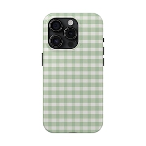 Gingham Phone Case, Tough Phone Cover, Sage Green Plaid iPhone Case, Protective Phone Shell, Checkered Mobile Accessory