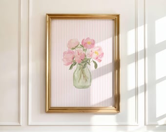 Pink Flower Bouquet Wall Art Print Pink Stripe Coquette Decor Pretty Floral Dorm Bedroom Download