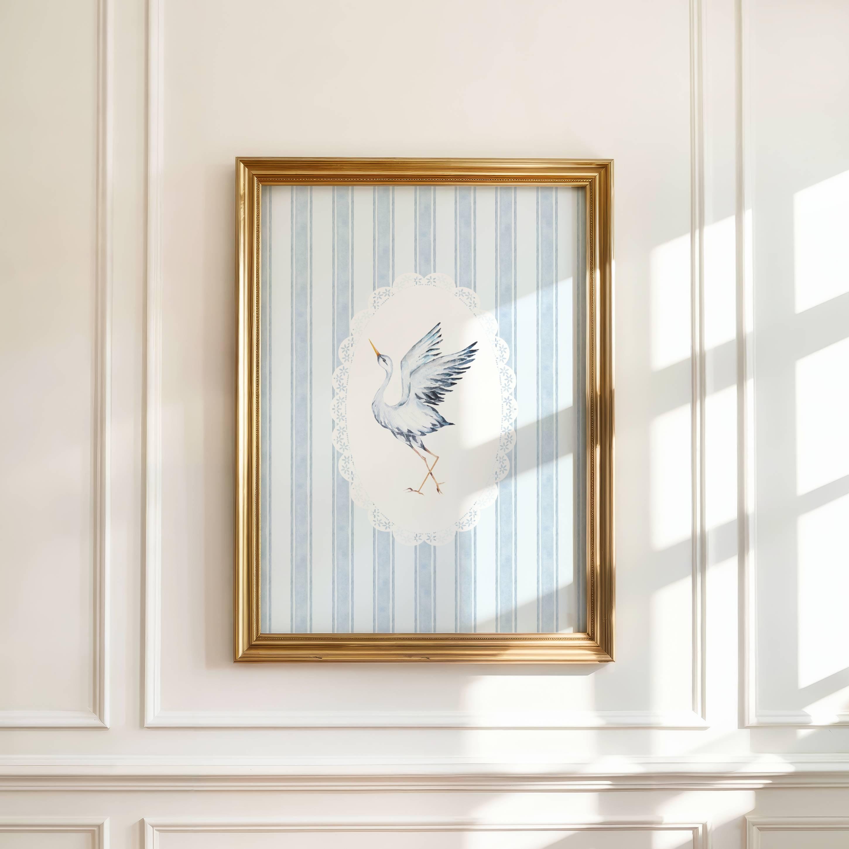 Vintage Blue Heron Wall Art – Coastal Bird Print with Nautical Striped Background for Beach House or Summer Home Decor