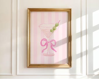 Cocktailprint roze martini: retro barwagenkunst (digitale download)