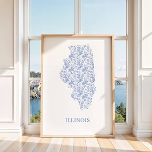 Illinois Blue Floral State Print – Digital Download, IL Wall Art, State Outline Poster, Preppy Room Decor, Botanical Home Print