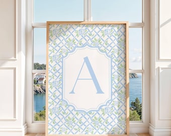 Blue and Green Hydrangea Custom Initial Print – Personalized Floral Wall Art for Nursery, Bedroom, or Dorm – Monogram Name Print