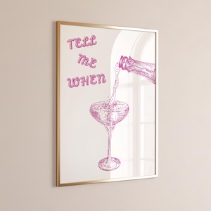 Tell Me When Bar Cart-print – roze cocktailmuurkunst | Leuke digitale download voor meisjes voor keuken-, slaapzaal- of feestdecoratie