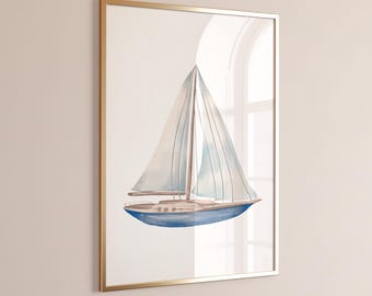 Watercolor Sailboat Wall Art – Coastal Nautical Print | Beach House or Lake Decor | Blue Ocean Digital Download