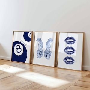 Set of 3 Navy Blue Prints – Trendy Wall Art with Cheetah, 8 Ball, and Kiss for Edgy Dorm Room, Apartment, Cool Girl Aesthetic Bedroom Decor