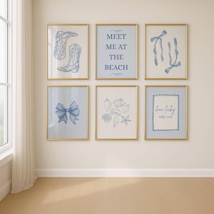 Set of 6 Blue Coastal Wall Art Prints | Coastal Cowgirl & Granddaughter Dorm Decor | Beachy Boho Digital Download | Ocean Vibe Art