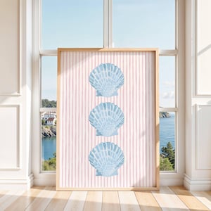 Pink and Blue Striped Shell Print – Cute Coastal Digital Wall Art, Preppy Dorm Room Decor, Beachy Coquette Aesthetic Download