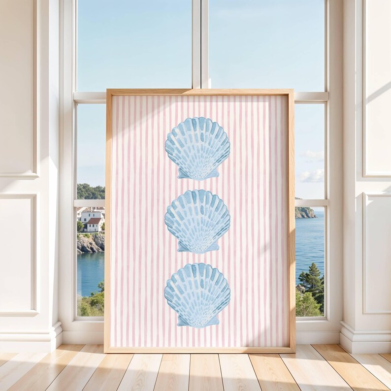 Blue Shell Ptints Pink and Blue Striped Shell Print: Coastal Coquette Wall Art (digital ...