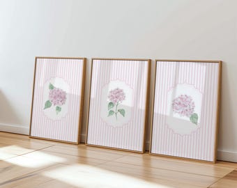 Rosa Hortensie Wand Kunst 3er-Set, gestreiftes druckbares Blumendekor, Blush Blume digitaler Download, feminine botanische Wanddrucke, Schlafzimmer Kunst