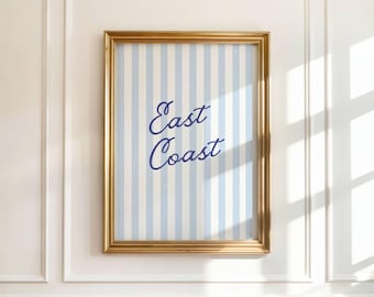 East Coast Blue Striped Wall Art | Preppy Coastal Print | Nautical Beach Decor | Digital Download | Coastal Dorm Room Printable