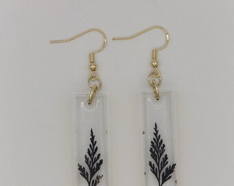 Pressed Black Leaf Rectangle Resin Earrings | Real Botanical Jewelry | 2.5” Long | 14K Gold Plated Hooks | Minimal Nature Earring | Handmade