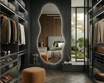 Espejo de cuerpo entero con iluminación LED, espejo de pared grande asimétrico con luces, espejo retroiluminado de cuerpo entero, espejo irregular para vestidor.
