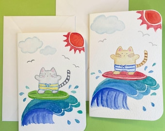 Tarjeta de felicitación de gato regordete surfeando: tarjeta de gatito hecha a mano para cualquier ocasión.