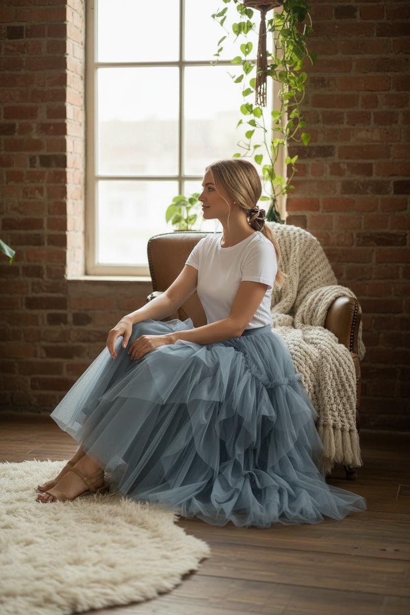 Jupe longue en tulle bleu clair, élégance et douceur Jupe longue en tulle bleu clair, élégance et douceur