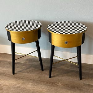 Accent Tables / Night Stands / Solid Wood / Hand Painted / Black / White / Gold / Checkered / One of a Kind /