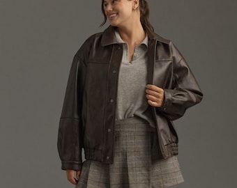 1990s Oversized Distressed Vintage Real Brown Leather Jacket: Retro Bomber Boxy Fit Coat