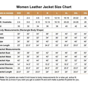 May include: A size chart for women's leather jackets, detailing measurements in inches for US, UK/Australia, and EU sizes. Includes bust, waist, hips, arm length, jacket bust, jacket waist, jacket hips, shoulders, sleeves, and length.