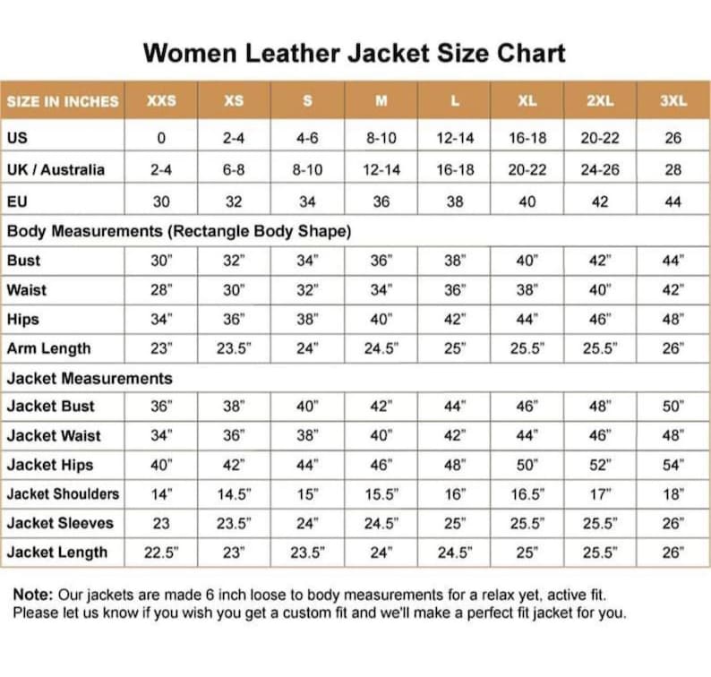 May include: A size chart for women's leather jackets, detailing measurements in inches for US, UK/Australia, and EU sizes. Includes bust, waist, hips, arm length, jacket bust, jacket waist, jacket hips, shoulders, sleeves, and length.