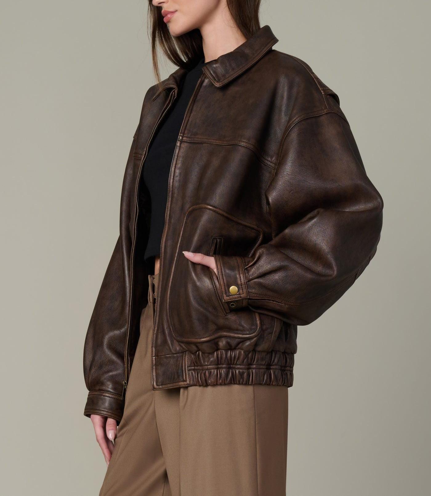 1980s Oversized Distressed Vintage Real Brown Leather Jacket