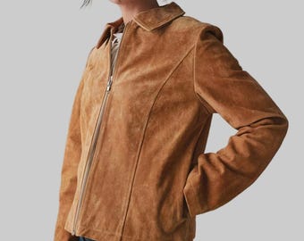 Women’s Retro Tan Brown Real Suede Leather Jacket: Handmade Vintage 70s Western Style
