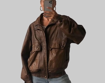 1980s Oversized Retro Brown Leather Jacket: Vintage Handmade Lambskin Coat
