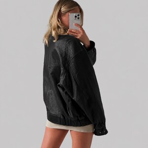 1990s Oversized Distressed Vintage Black Real Leather Jacket: Retro Bomber Boxy Fit Coat