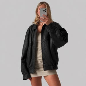 1990s Oversized Distressed Vintage Black Real Leather Jacket: Retro Bomber Boxy Fit Coat