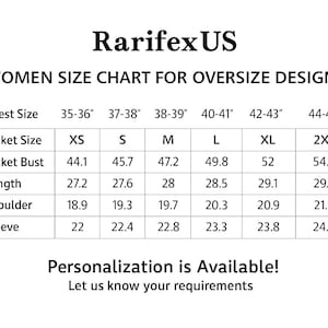 May include: A black and white size chart for RarifexUS featuring a table with columns for jacket sizes XS through 2XL. It lists chest size, jacket bust, length, shoulder, and sleeve measurements in inches. Text includes Personalization is Available.