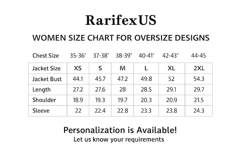 May include: A black and white size chart for RarifexUS featuring a table with columns for jacket sizes XS through 2XL. It lists chest size, jacket bust, length, shoulder, and sleeve measurements in inches. Text includes Personalization is Available.
