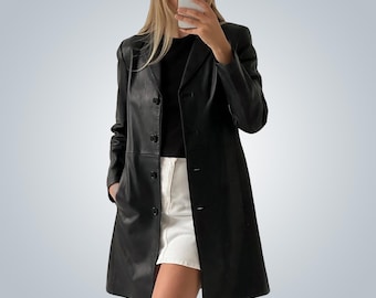 1990-tals vintage handgjord svart trenchcoat i äkta läder: Retro klassisk lång kappa