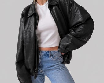 1980s Oversized Vintage Black Distressed Real Leather Jacket: Retro Bomber Boxy Fit