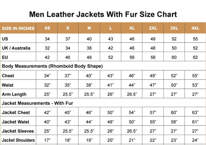 K&ouml;nnte beinhalten: Eine Gr&ouml;&szlig;entabelle f&uuml;r Lederjacken mit Fell, die Ma&szlig;e in Zoll anzeigt. Die Tabelle umfasst die Gr&ouml;&szlig;en XS bis 4XL, mit K&ouml;rper- und Jackenma&szlig;en f&uuml;r Brust, Taille, Arml&auml;nge und Schultern. Der Text "Men Leather Jackets With Fur Size Chart" steht oben.