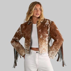 Women's Western Genuine Cowhide Leather Jacket with Fringe Cowskin Coat - Vintage Cowgirl Handmade Jacket