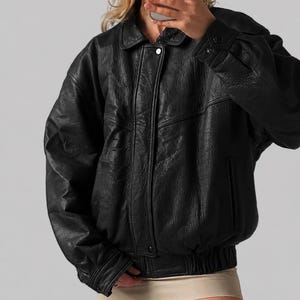 1990s Oversized Distressed Vintage Black Real Leather Jacket: Retro Bomber Boxy Fit Coat