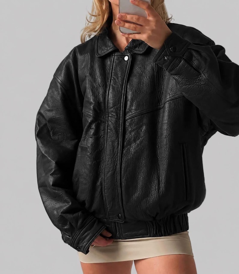 1990s Oversized Distressed Vintage Black Real Leather Jacket: Retro Bomber Boxy Fit Coat