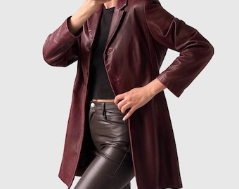 1990's Vintage Handmade Burgundy Real Leather Trench Coat: Classic Long Coat
