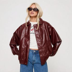 1980-tals överdimensionerad retro äkta vinröd skinnjacka: Vintage Boxy Fit