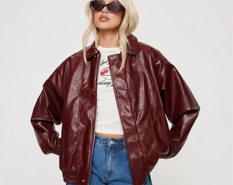 1980s Oversized Retro Real Burgundy Leather Jacket: Vintage Boxy Fit