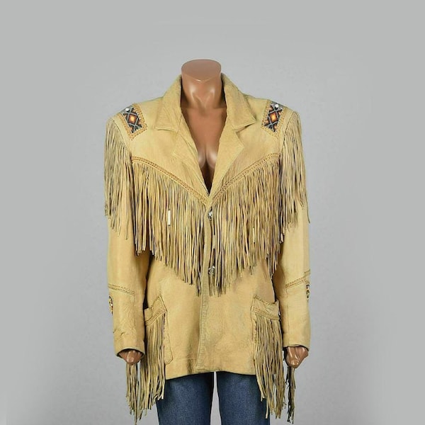 Traditionelle Native American Western Cowgirl Echtlederjacke der Ureinwohner mit Fransenmantel