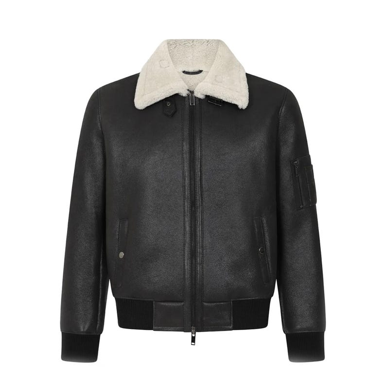 Men's Vintage Black Shearling Sheepskin Jacket: Fur Aviator B3 Bomber Coat