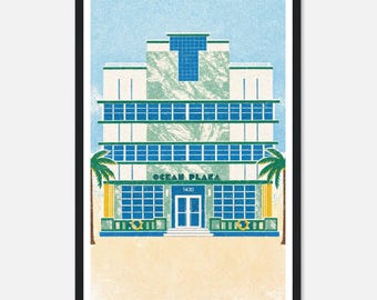 Art Deco Ocean Plaza Hotel Print - Retro artwork for Miami Beach Lovers!