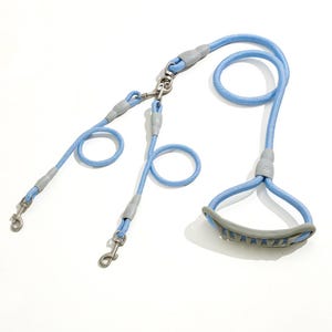 Puede incluir: Una correa para perros azul claro con un asa y dos correas separadas. La correa tiene un diseño trenzado y presenta detalles grises en los conectores y el asa. La correa tiene un cierre metálico.