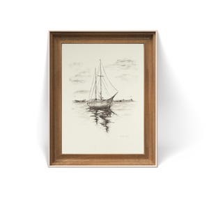 Original Charcoal Sailboat Drawing: Nautical Maritime Art (12x9 in.)
