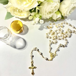 Handmade White Pearl Rosary – Catholic Prayer Beads with Gold-toned Crucifix, Baptism & Communion Gift, Soft Pastel Beads